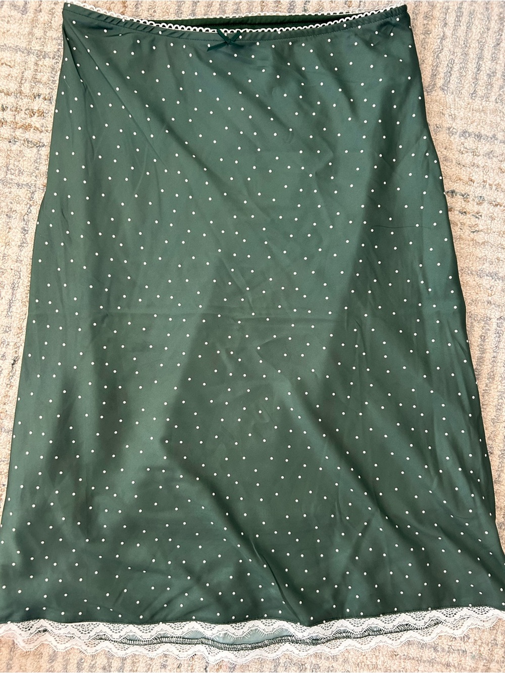 Satin midi skirt. Green Polka Dot with Lace Trim